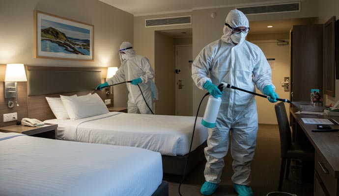 Two experts in full protective suits disinfecting a hotel room