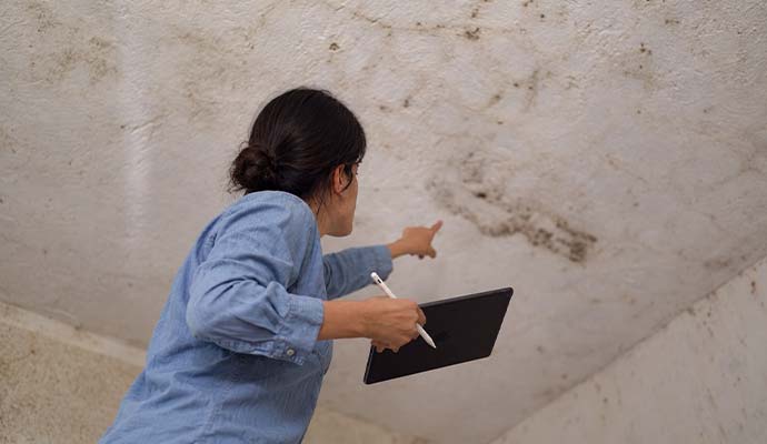 Inspector pointing to water damaged ceiling