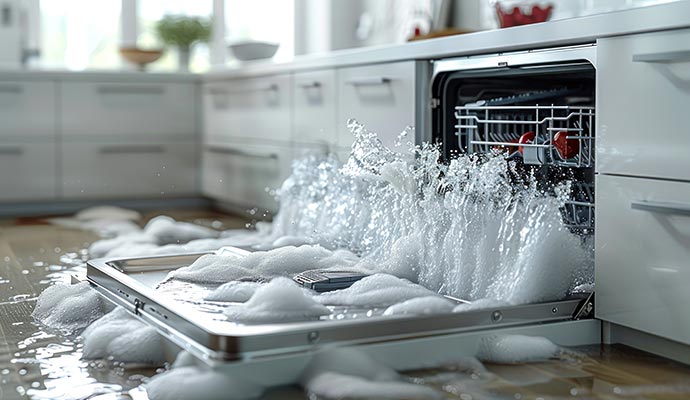 Kitchen floor flooded by dishwasher malfunction and overflow
