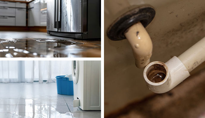 Collage showing a leaking refrigerator, washing machine overflow, and disconnected AC drain pipe