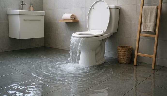 Overflowing toilet flooding bathroom floor