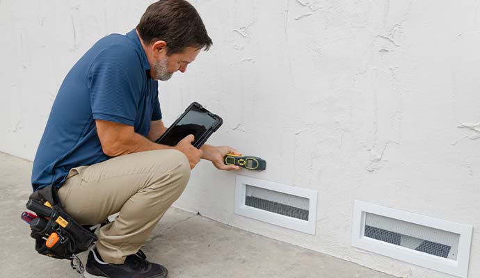 Technician using moisture meter to inspect wall