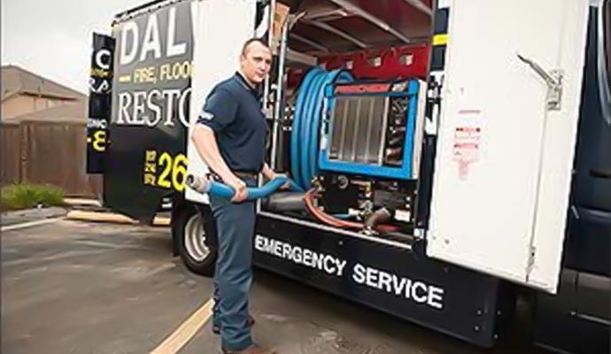 Water damage technician standing next to Dalworth truck