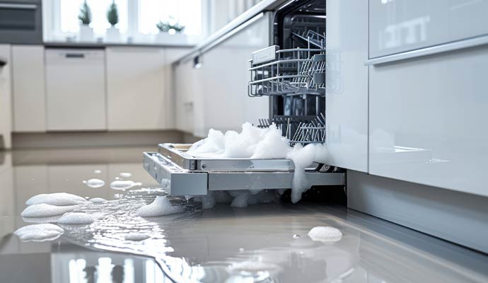 Water damaged kitchen floor due to water leak from the dishwasher