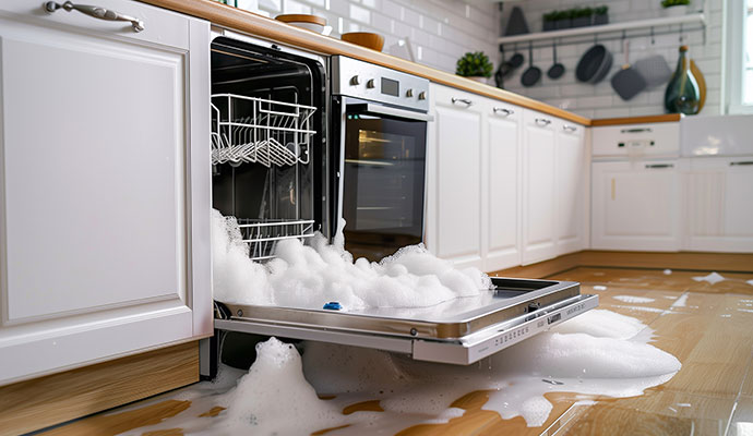 Water overflowing from an dishwasher onto a kitchen floor