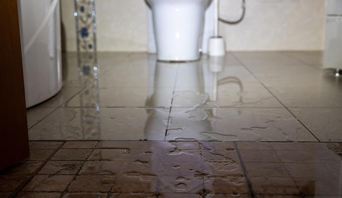 Water pooling on the bathroom floor near a toilet