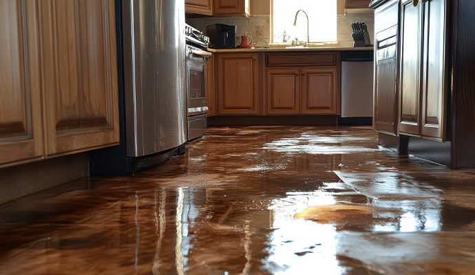 Water-damaged kitchen wood floor