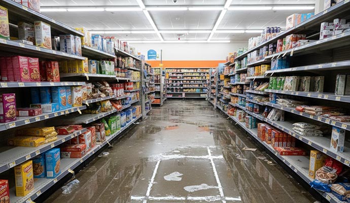 Water standing on the floor of a retail store